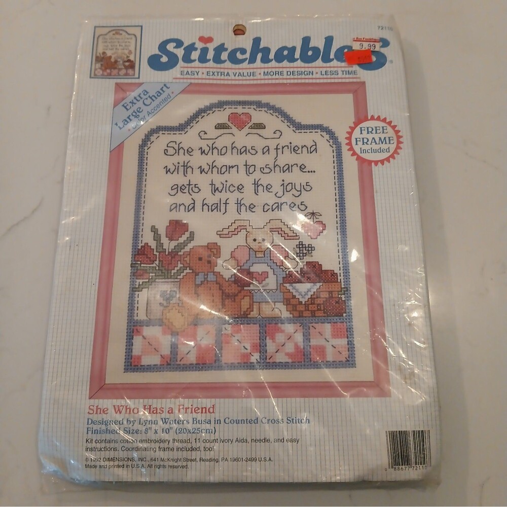 1992 Dimensions Cross Stitch Kit SHE WHO HAS A FRIEND w/ Pink Frame Sealed!